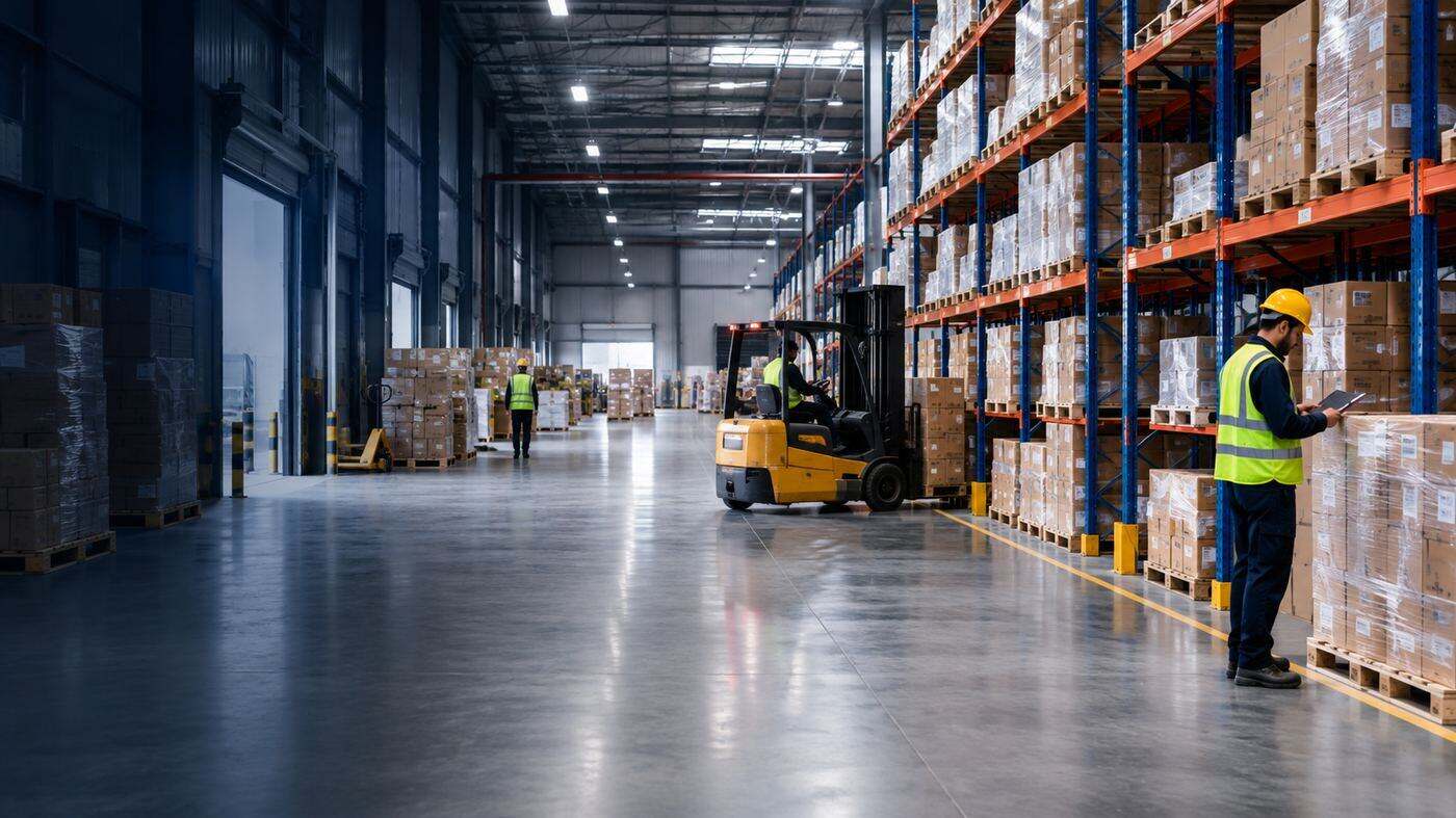 Multi-level pallet racking on both sides of a marked aisle inside the ANL warehouse, with a forklift moving a load
