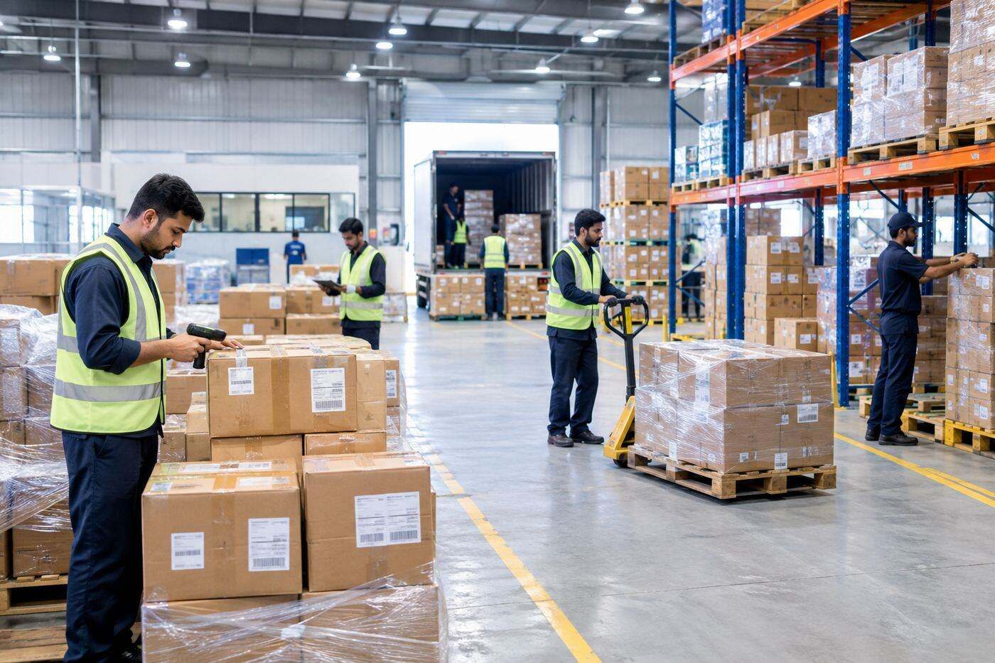 A forklift moving a palletised load down a racked aisle in the ANL warehouse